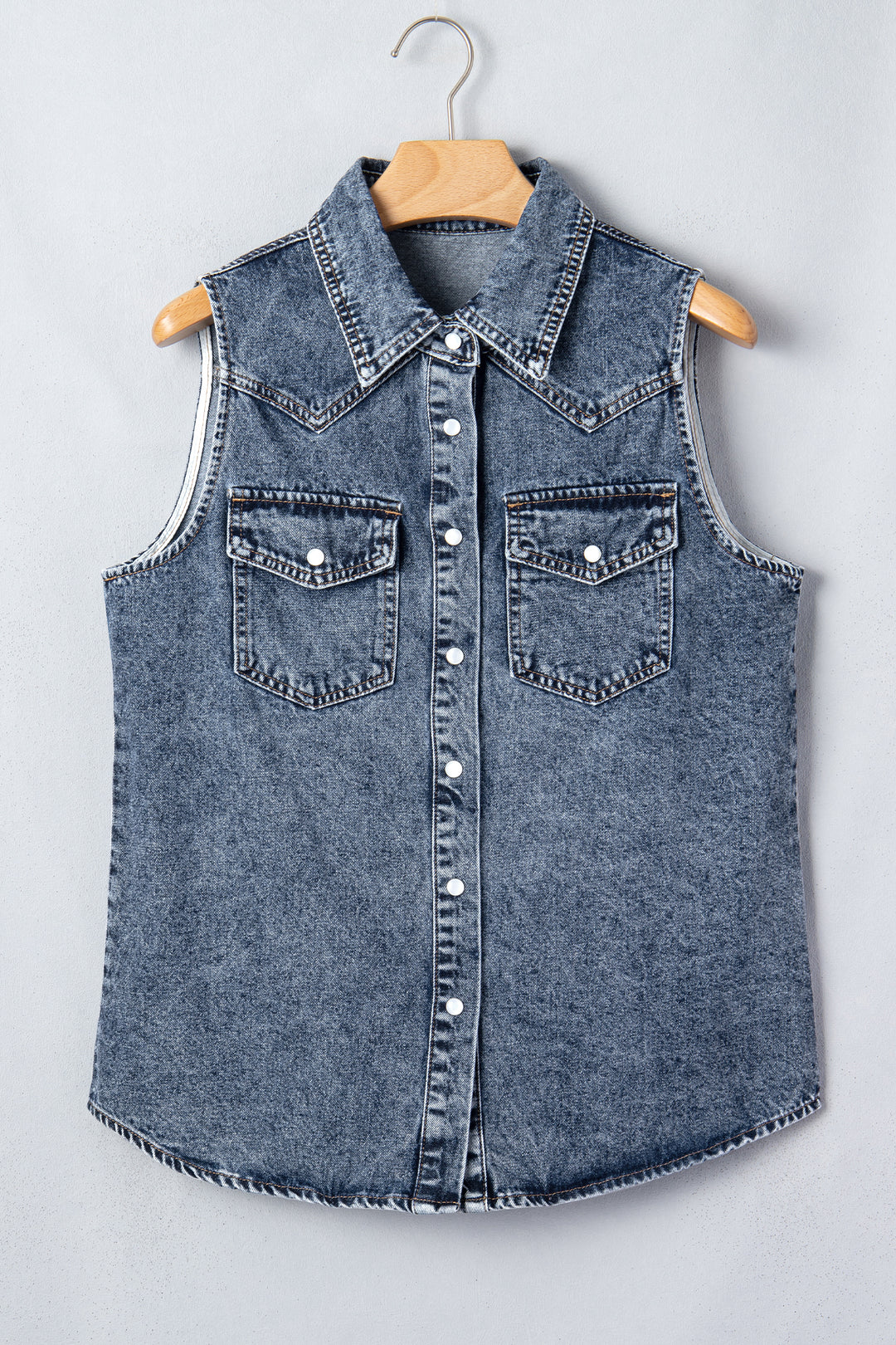 Ashleigh Blue Solid Denim Button Front Pocket Sleeveless Cowboy Vest