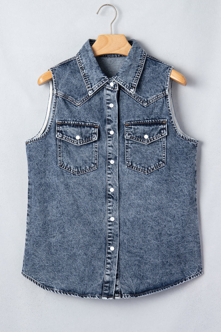 Ashleigh Blue Solid Denim Button Front Pocket Sleeveless Cowboy Vest