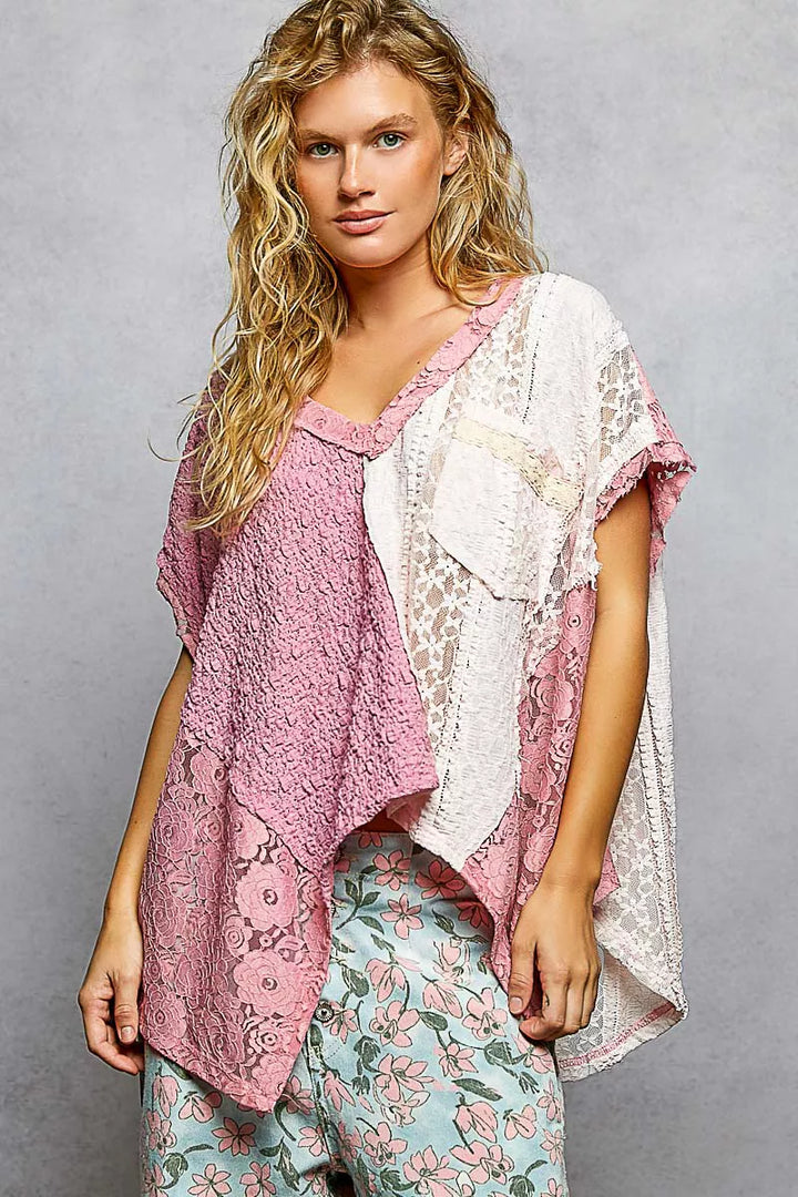 POL Asymmetrical V-Neck Short Sleeve Lace Top