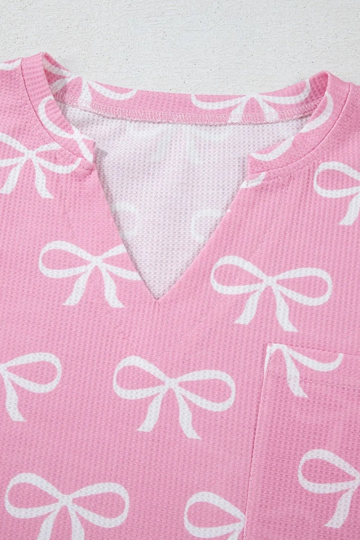 Bowknot Printed Notched T-Shirt and Shorts Set