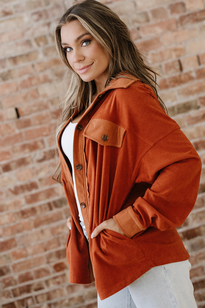 Gold Flame Velvet Flap Pockets Drop Shoulder Casual Shacket