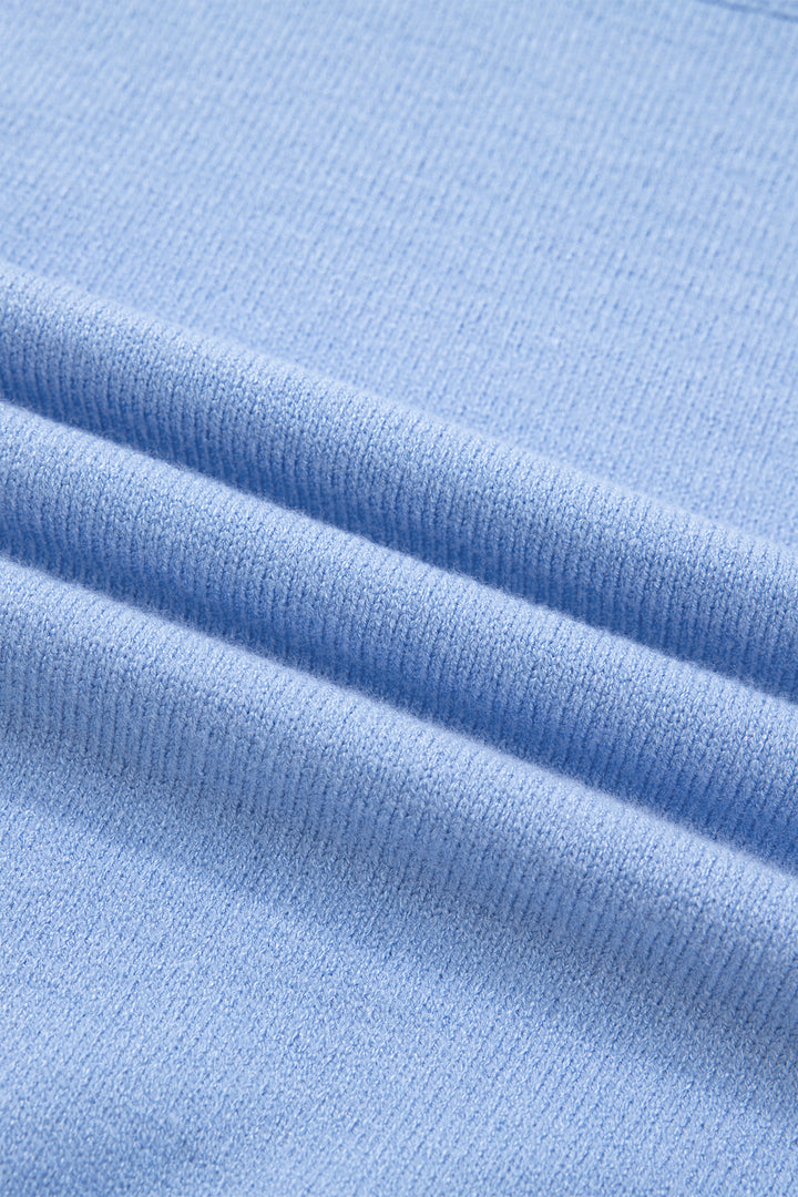 Beau Blue Solid Color Ribbed Trim Round Neck Ruffle Short Sleeve Sweater