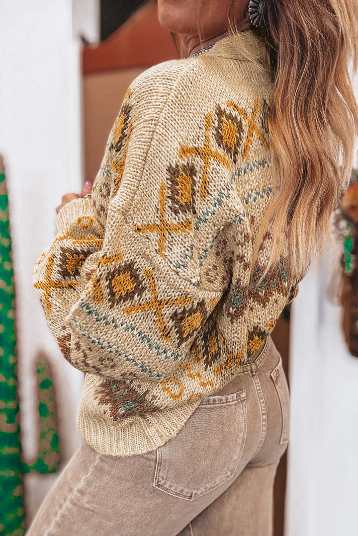 Khaki Western Pattern Knitted Button V Neck Cardigan Sweater