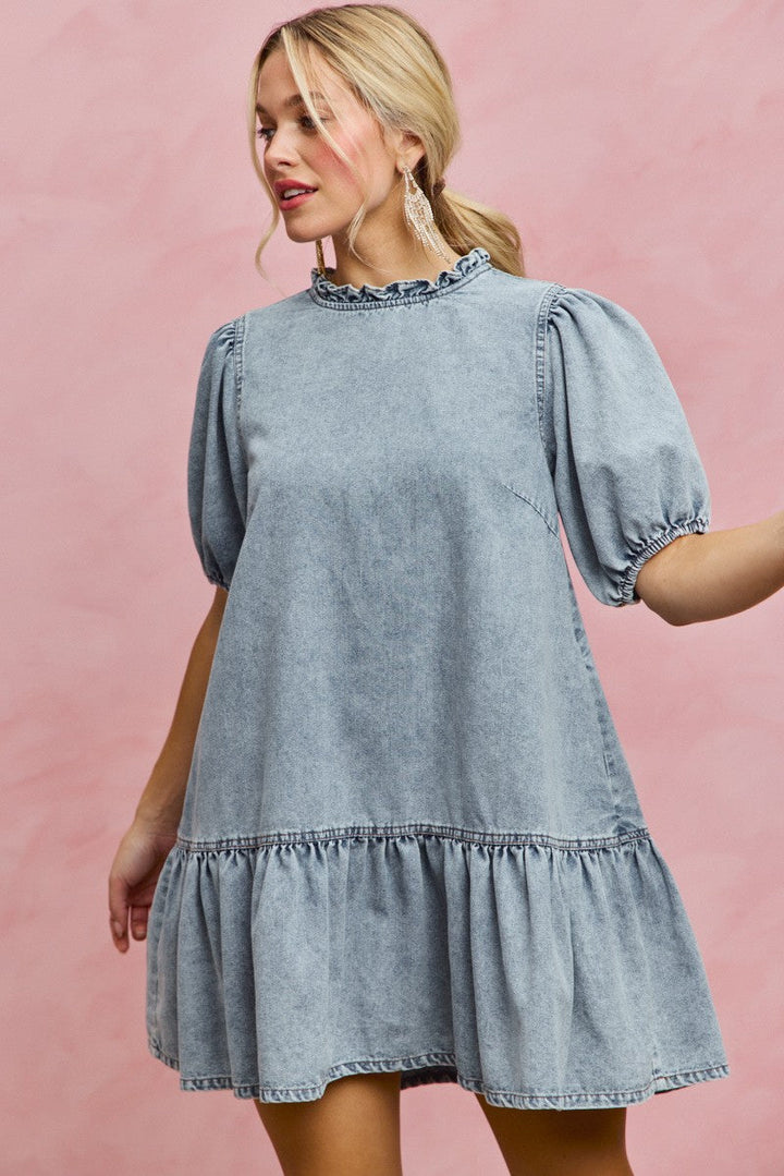 SO ME Denim Short Sleeves Mini Tiered Dress