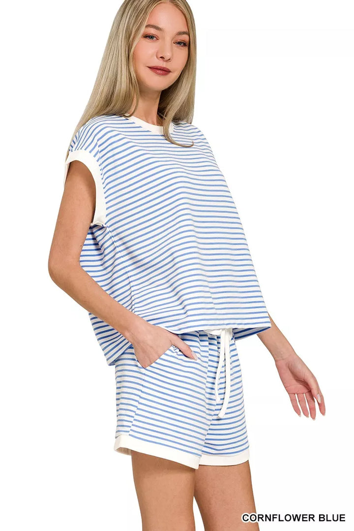 Zenana Stripe Contrast Trim Top & Shorts Set