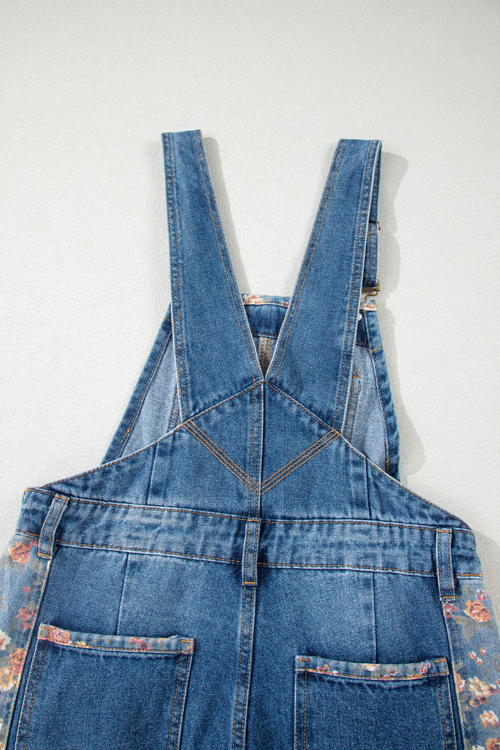 Peacock Blue Floral Patchwork Bib Denim Wide Leg Overalls