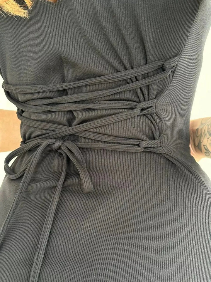 Ribbed Back Lace Up Short Sleeve Mini Dress