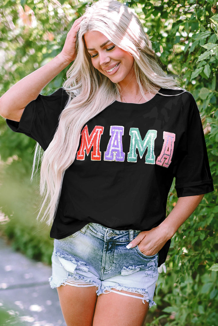 T-shirt ras du cou en chenille noire MAMA