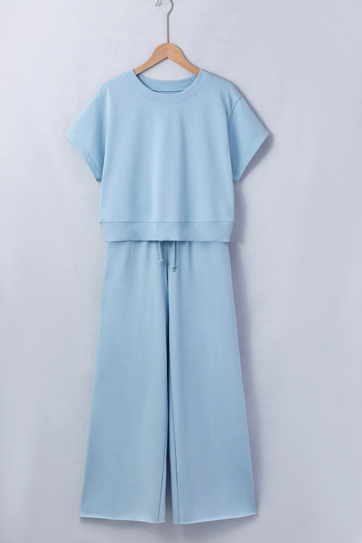 Mist Blue Solid Color Loose Tee Drawstring Wide Leg Pants 2pcs Outfit