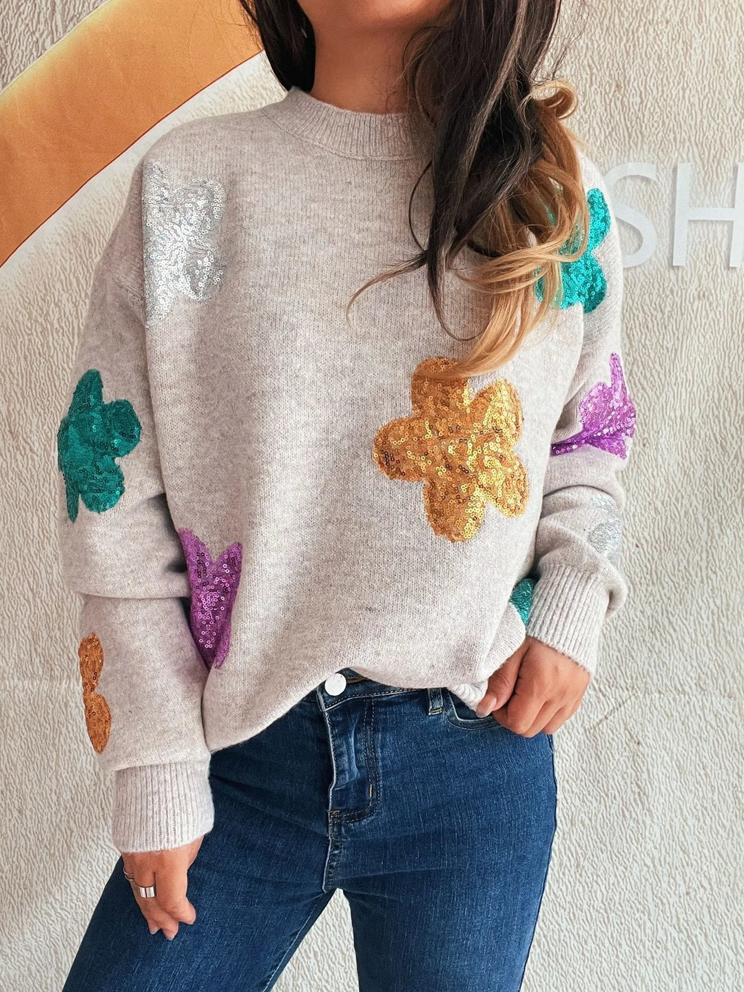 Sequin Flower Round Neck Long Sleeve Sweater