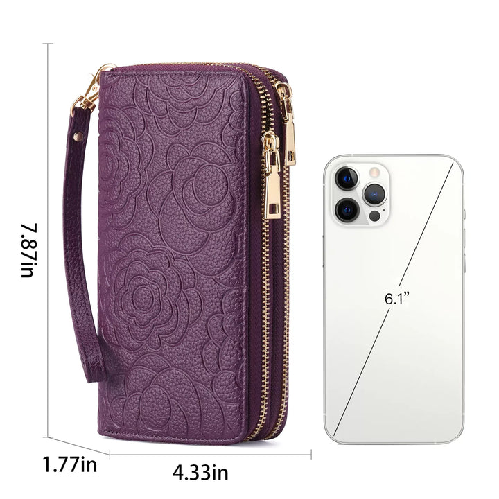 Embossed Floral Pattern Double Zipper Wallet