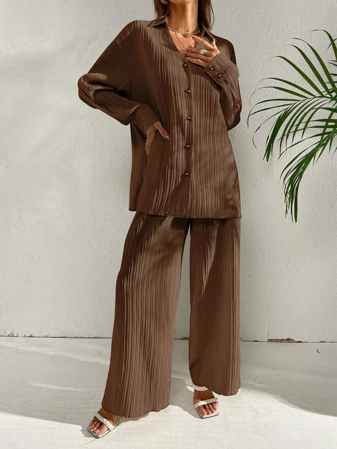 Long Sleeve Shirt & Wide Leg Pants Set