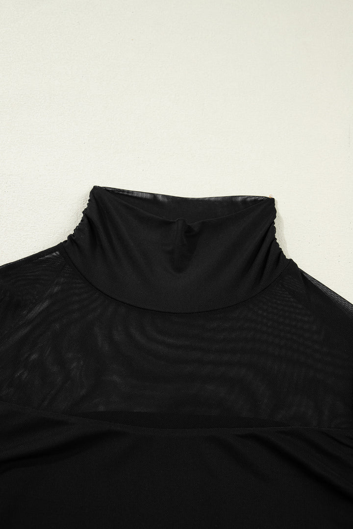 Black Sheer Mesh Patchwork High Neck Long Sleeve Top