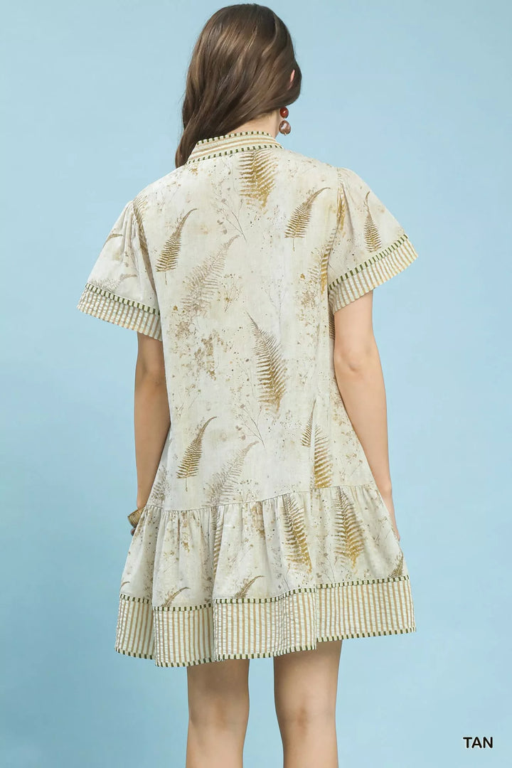 Umgee Linen Printed Button-Front Tiered Mini Dress
