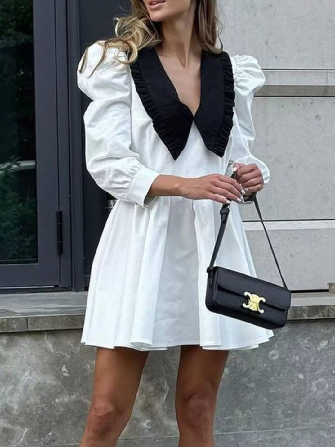 Puff Sleeve Contrast Collar Dress