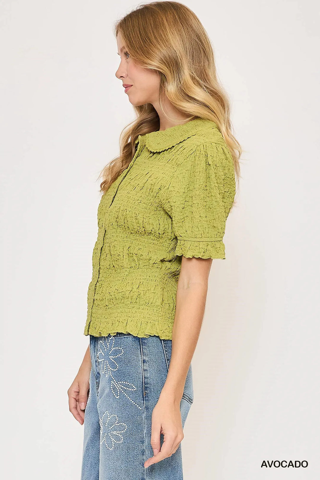 Umgee Smocked Short Sleeve Button-Front Shirt with Peter Pan Collar