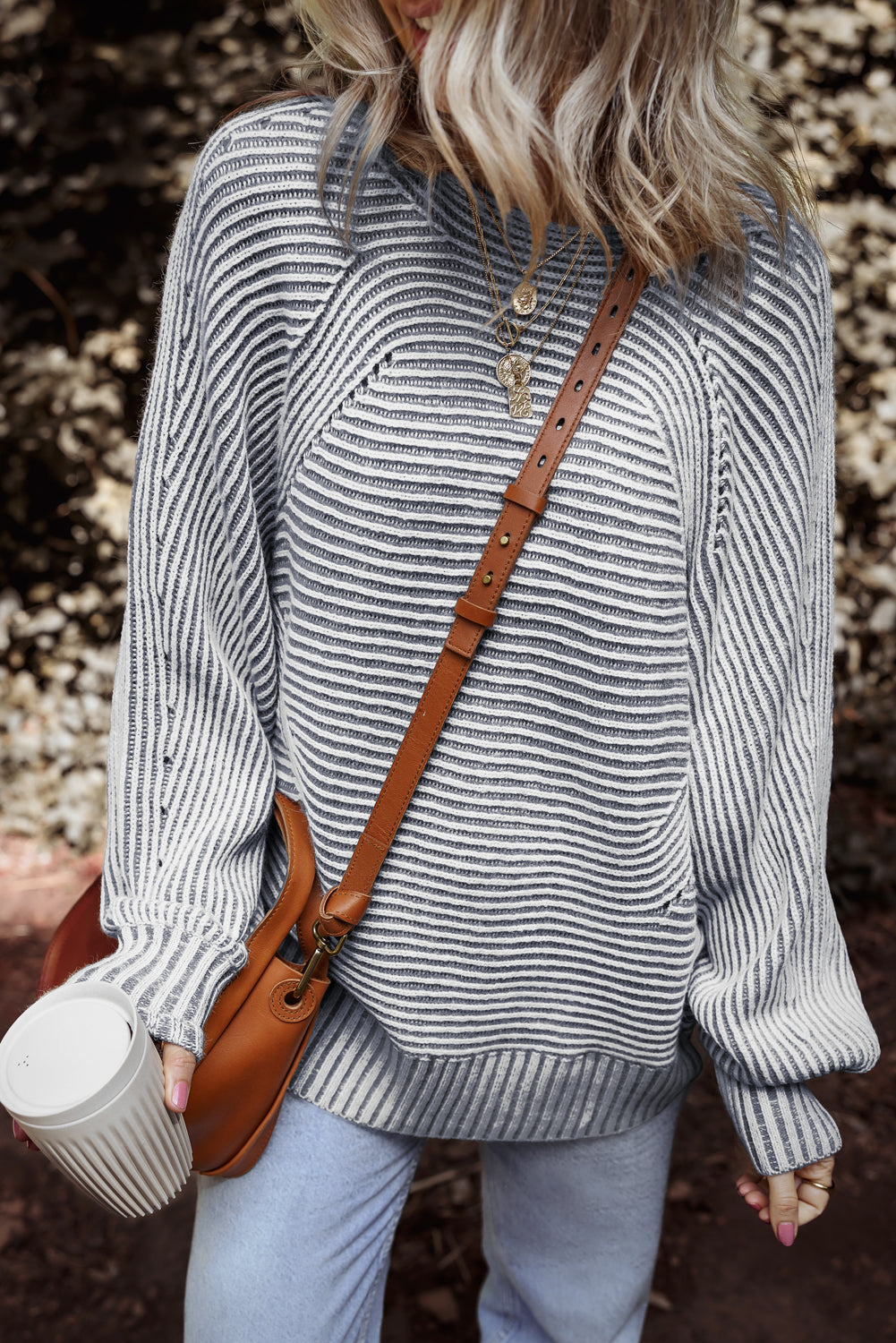 Ashleigh Blue Striped Print Ribbed Knit Boat Neck Baggy Sweater