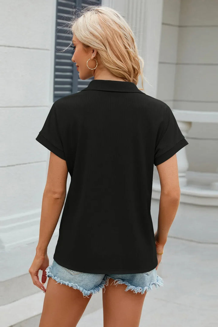 Johnny Collar Short Sleeve Blouse