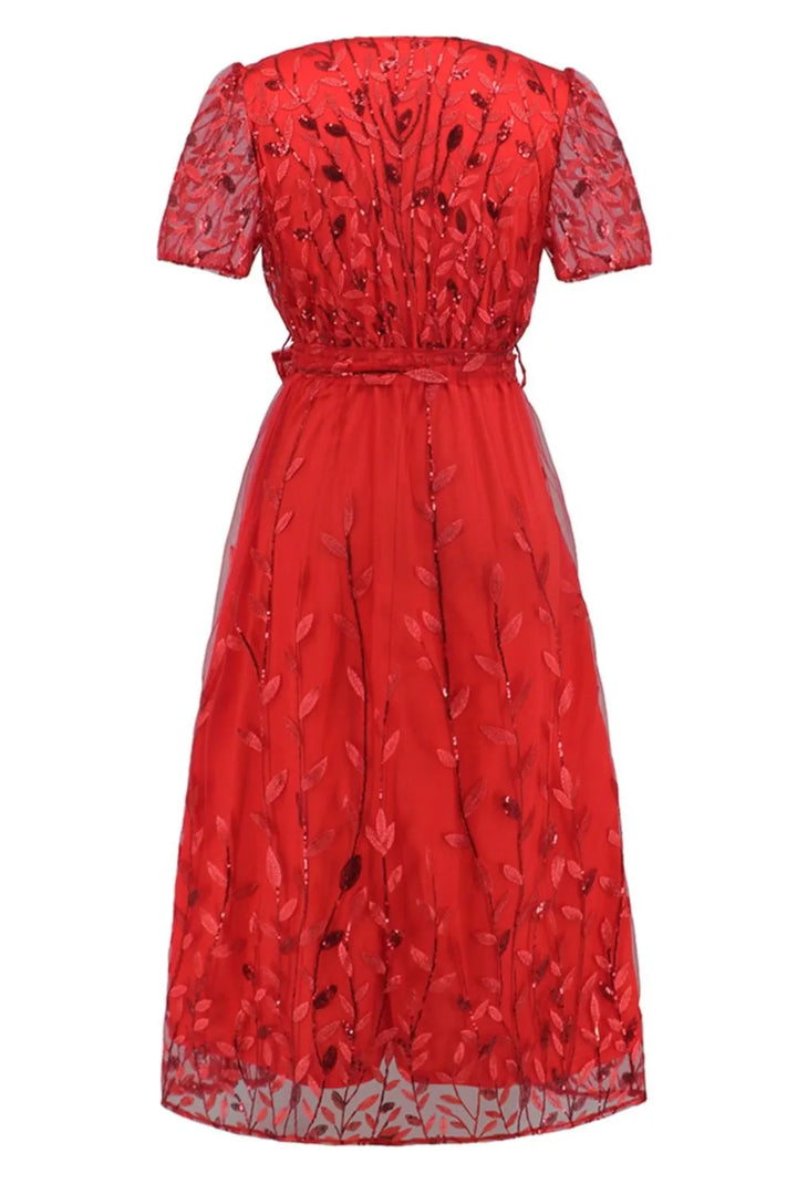 Sequin Leaf Embroidery Tie Front Short Sleeve Dress
