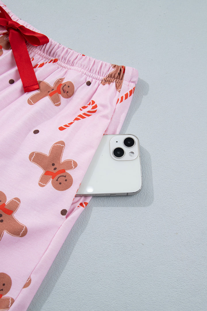 Pink Short Sleeve Placket Shell Button Elastic Waist Lounge Set