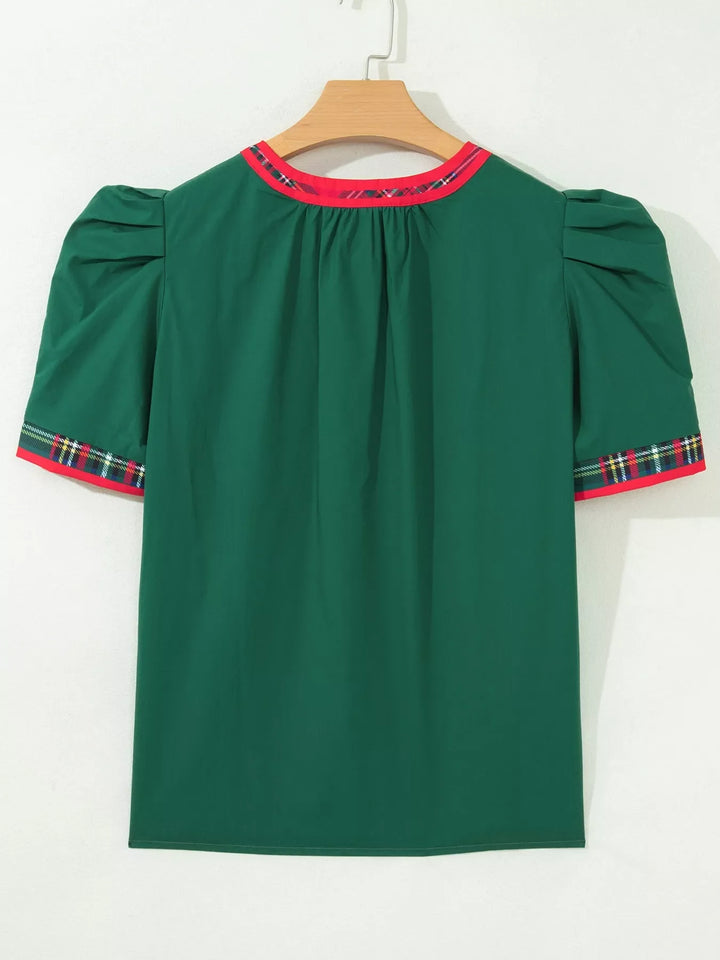 Plaid Trim V Neck Short Sleeve Shift Blouse