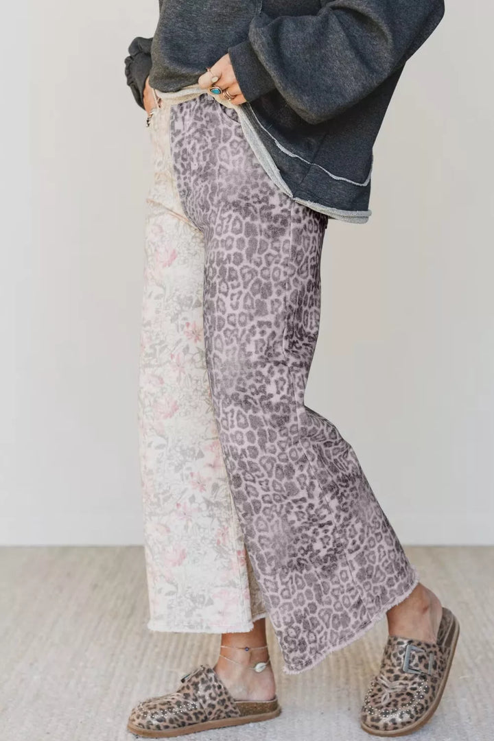 Floral and Leopard Print Wide-Leg Jeans