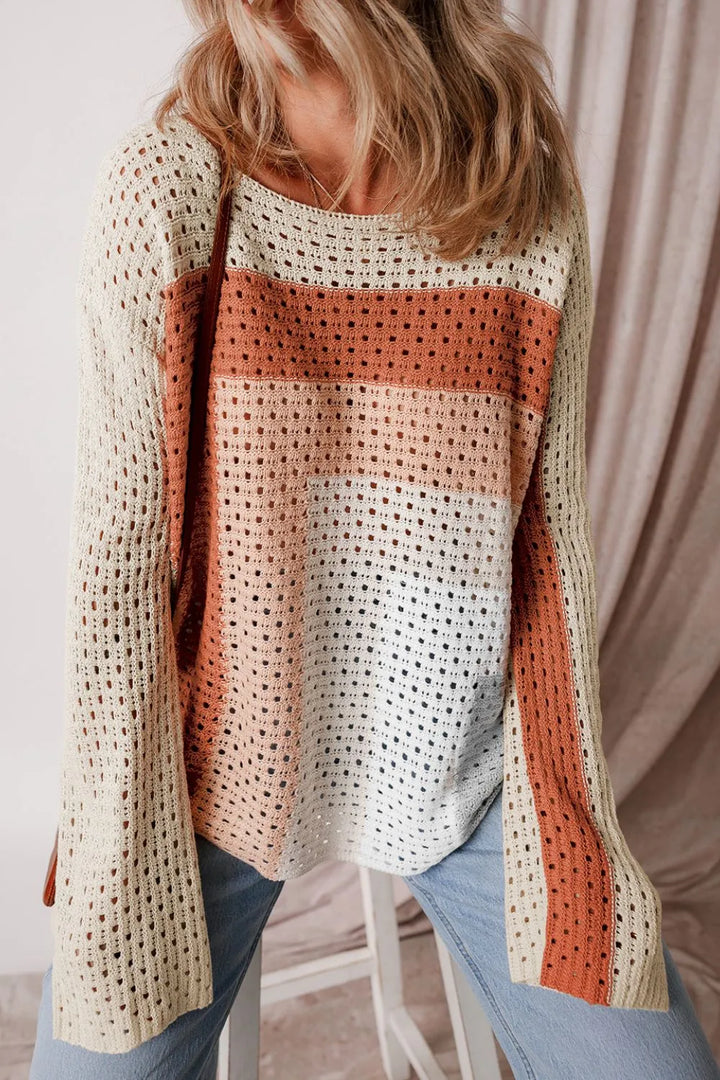 Openwork Color Block Long Sleeve Sweater