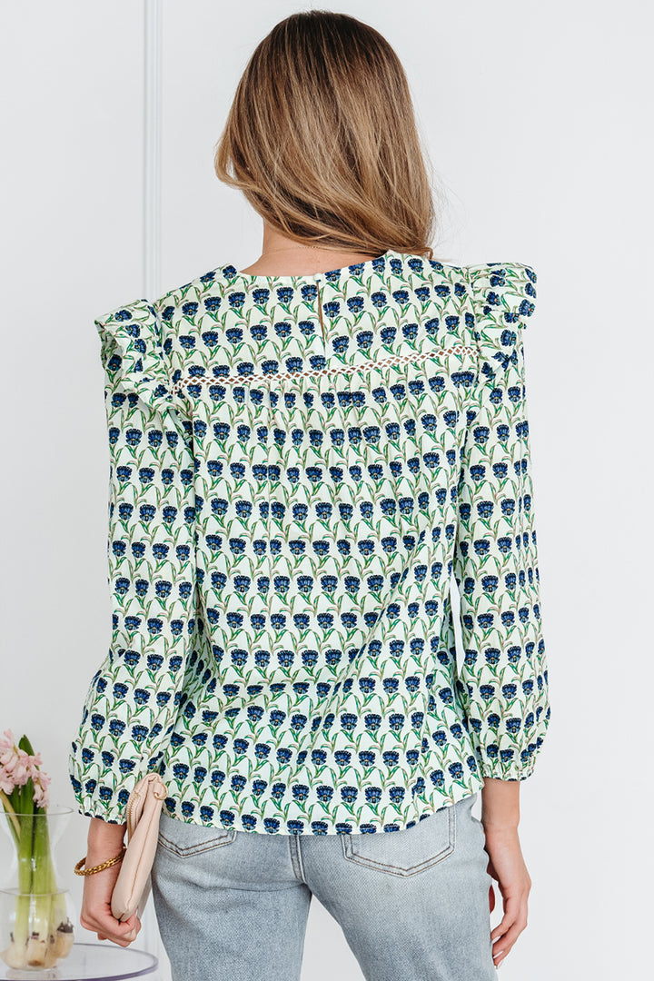 Green Floral Print Lace Detail Ruffle Trim Long Sleeve Blouse
