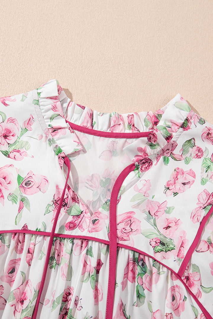Pink Floral Split Neck Short Sleeve Loose Plus Size Mini Dress