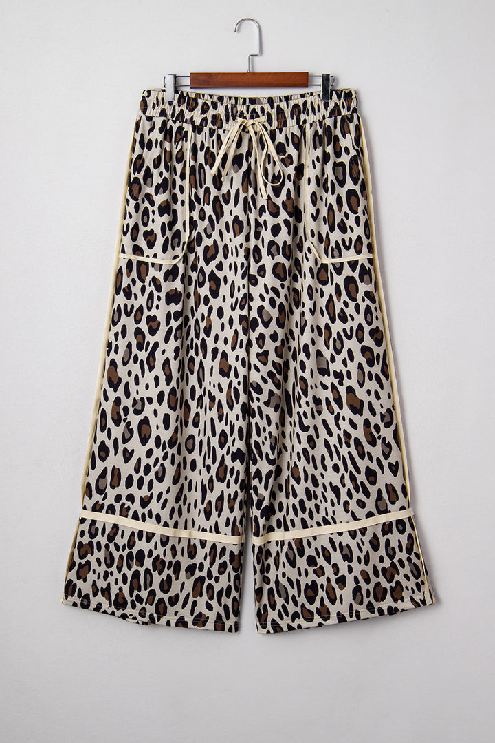 Khaki Exposed Seam Patched Pocket Plus Size Drawstring Leopard Wide Leg Pants