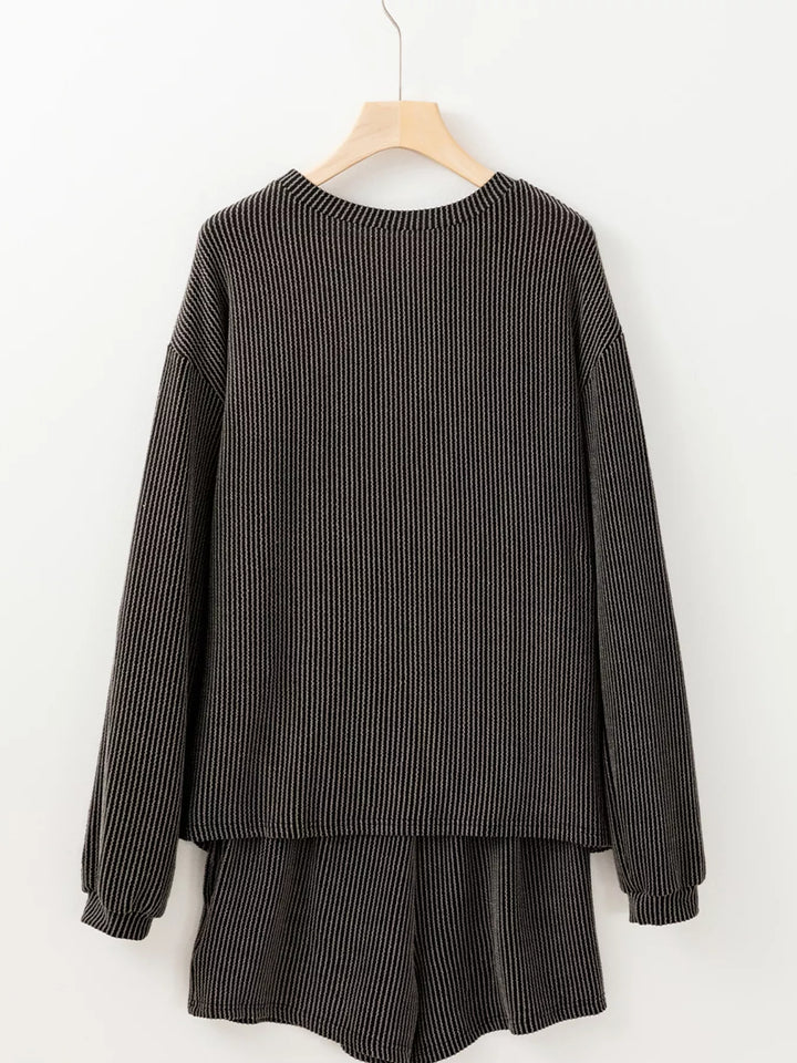 Thankful Letter Patched Sequin Bow Sleeve Twisted Ribbed Top and Short Set