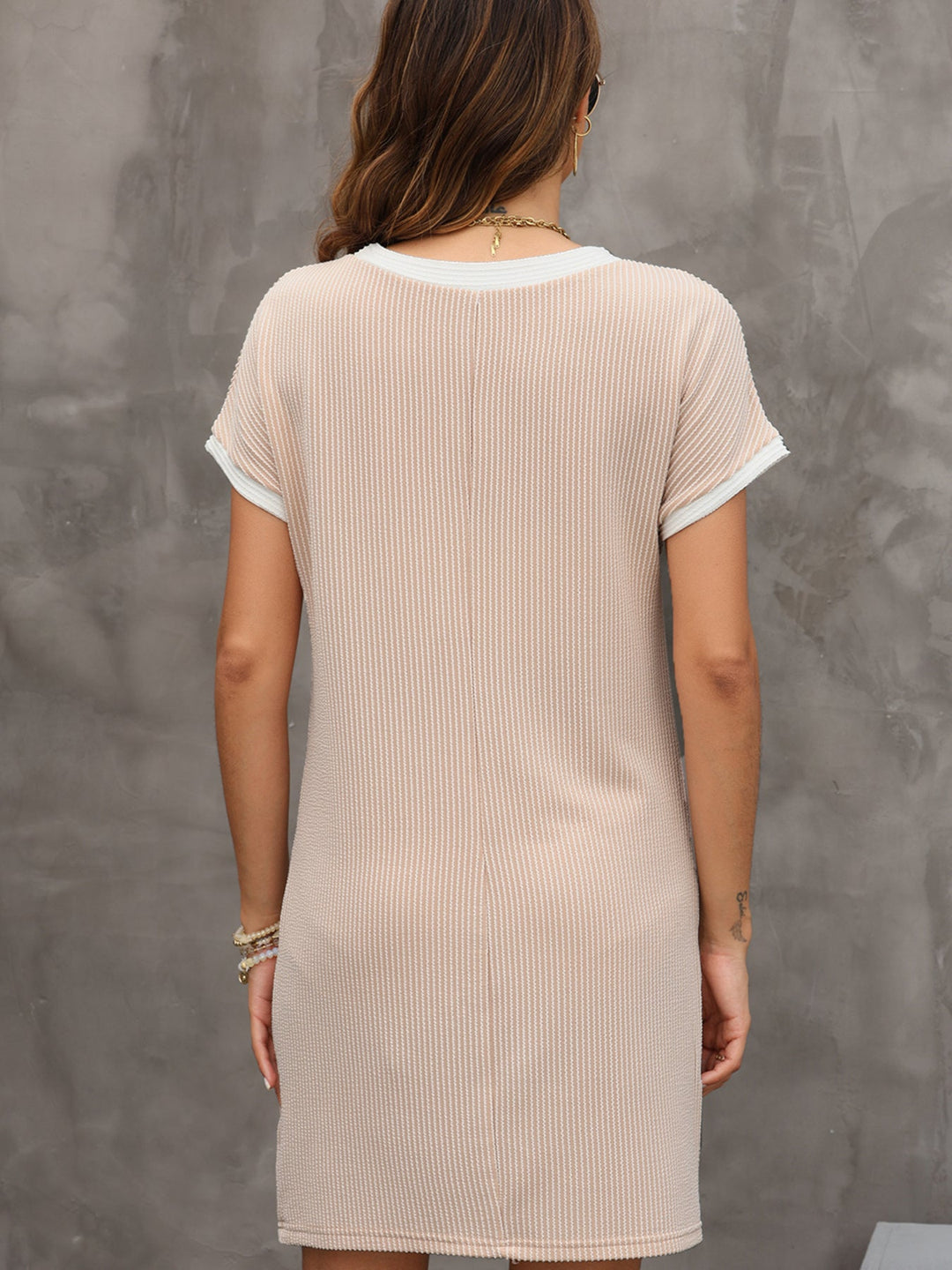 Twisted Ribbed Color Block Trim T Shirt Shift Dress