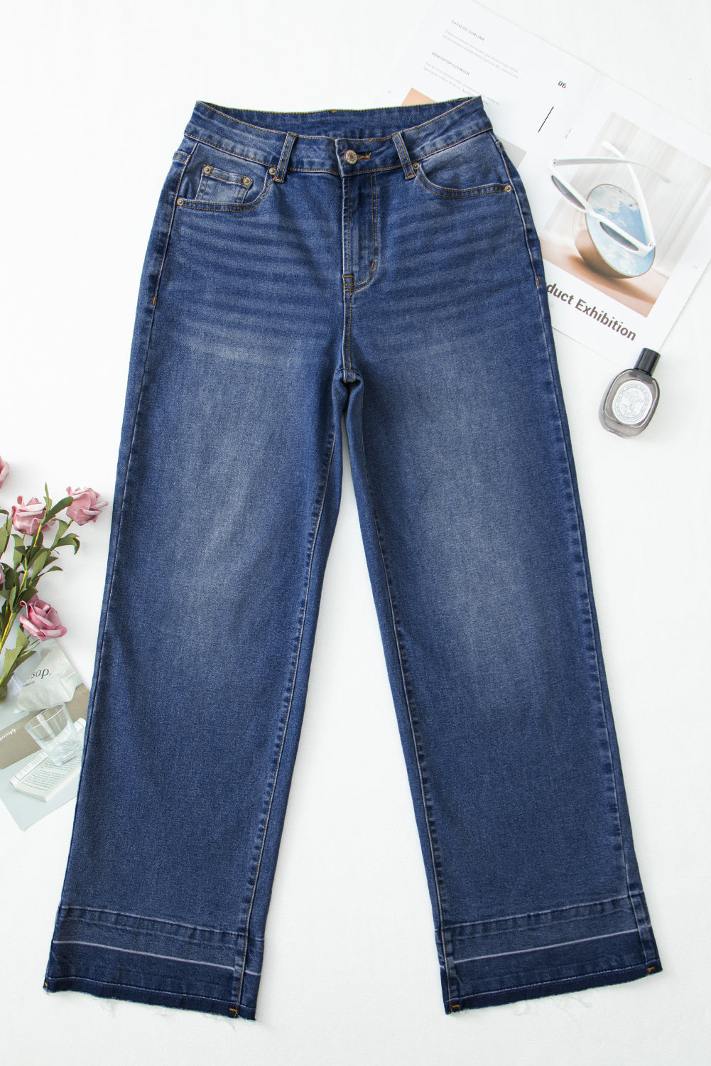 Real Teal Raw Hem Unique Cuffs Straight High Rise Loose Jeans