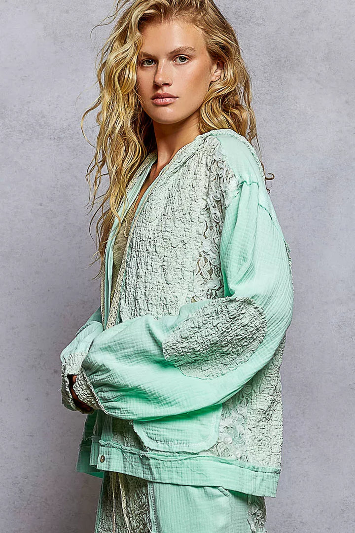 POL Exposed Seam Button Down Hooded Jacket with Lace Detail