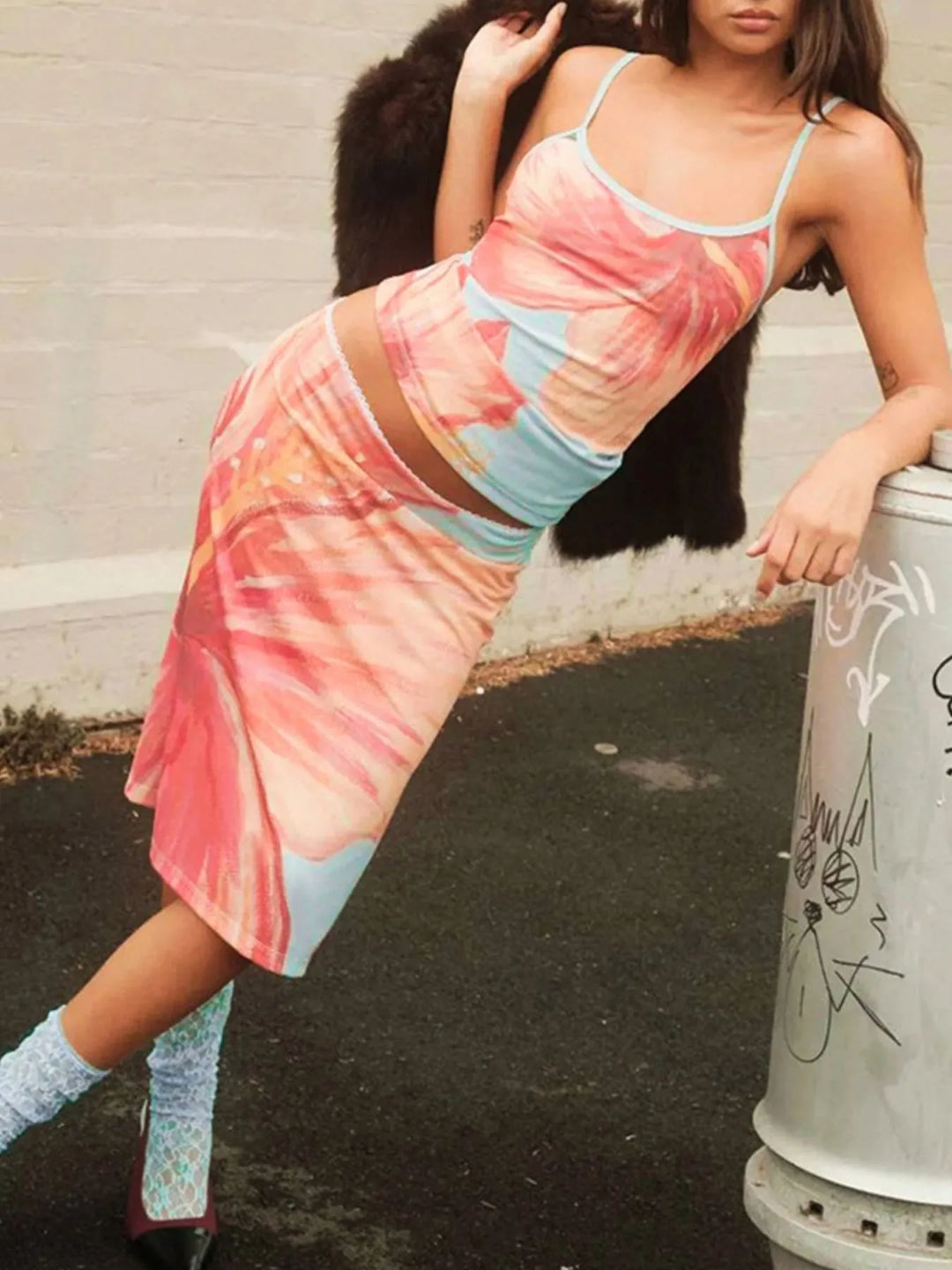 Printed Scoop Neck Cami and Skirt Set