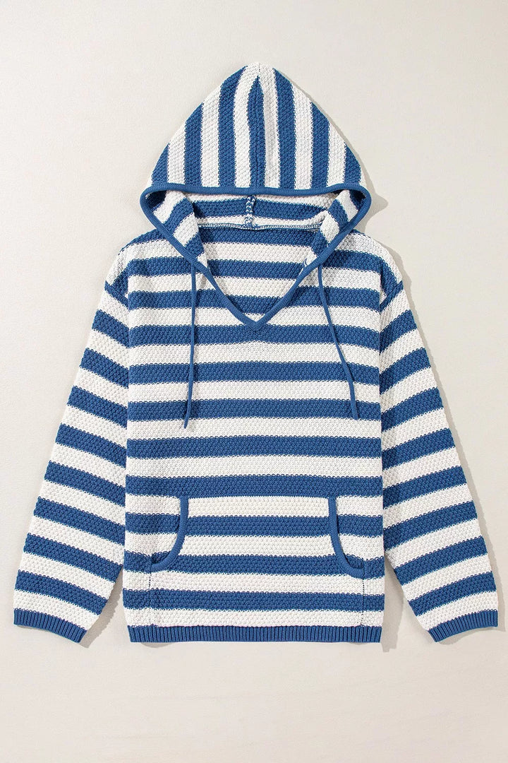 Stripe V Neck Pocketed Drawstring Hooded Sweater
