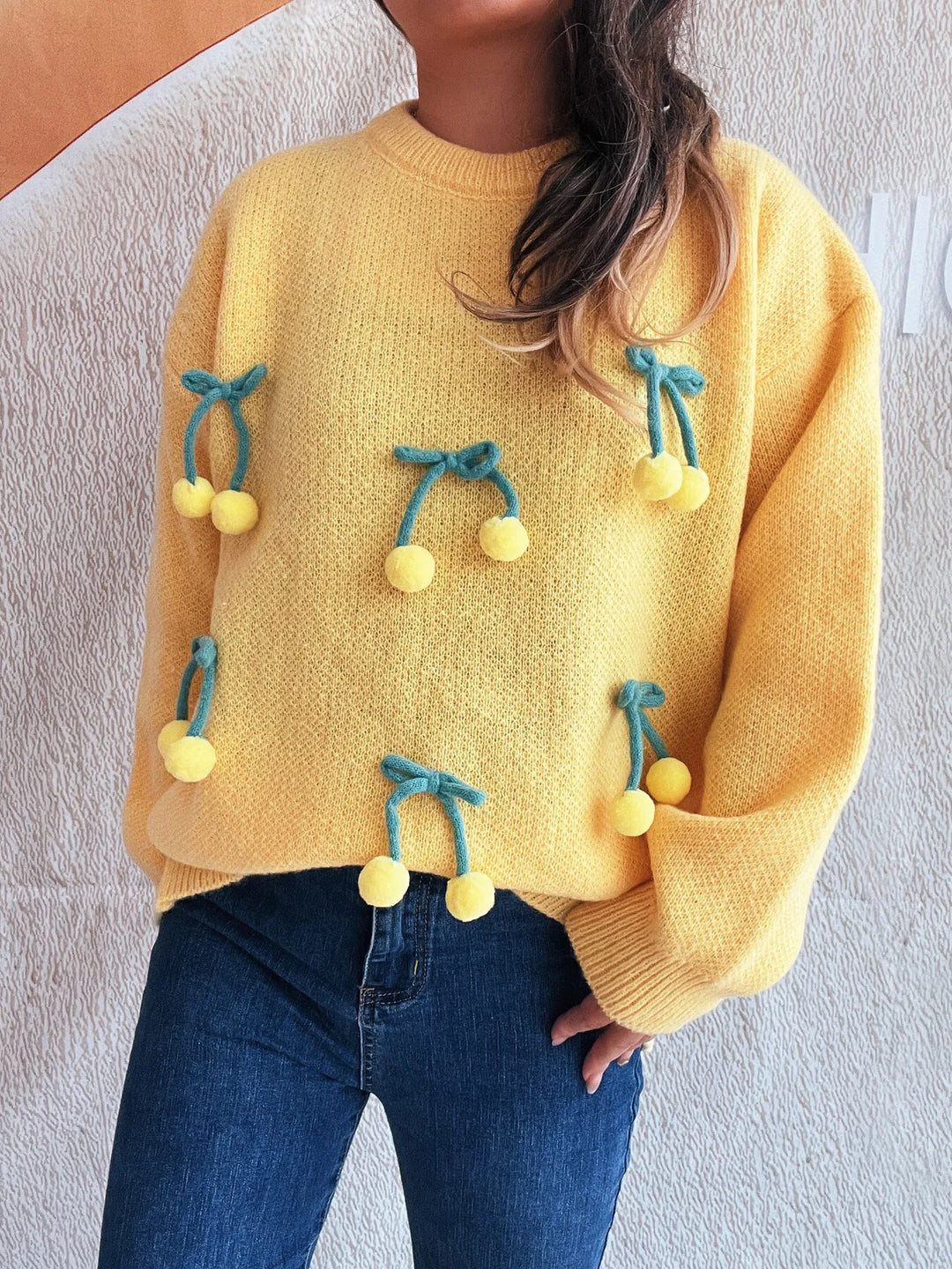 Cherry Round Neck Long Sleeve Sweater