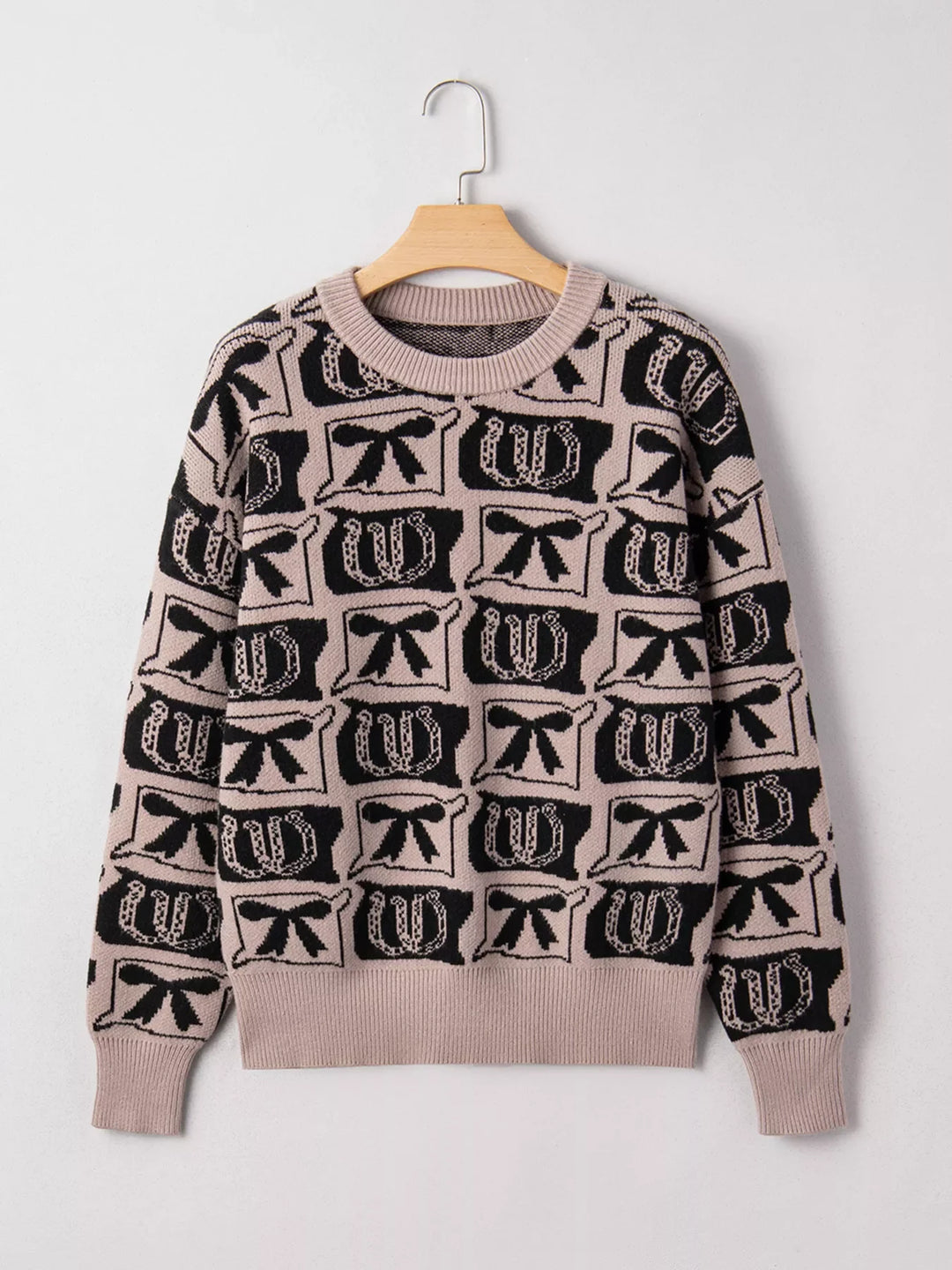 Bows & Horseshoes Pattern Round Neck Sweater
