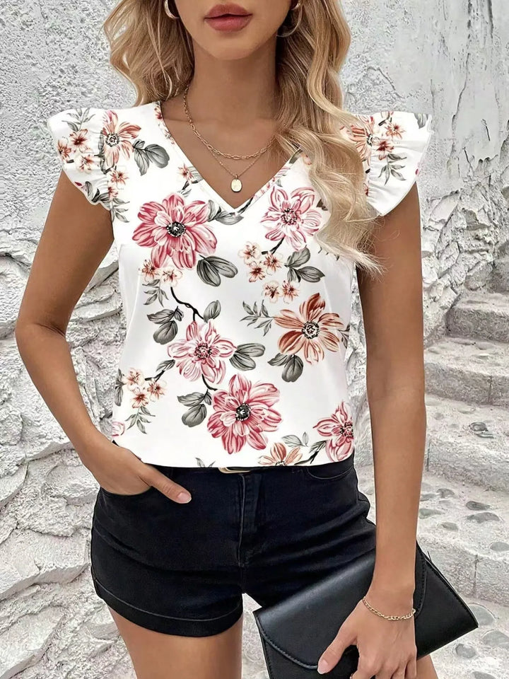 Floral Print Ruffle Sleeve V-Neck Blouse