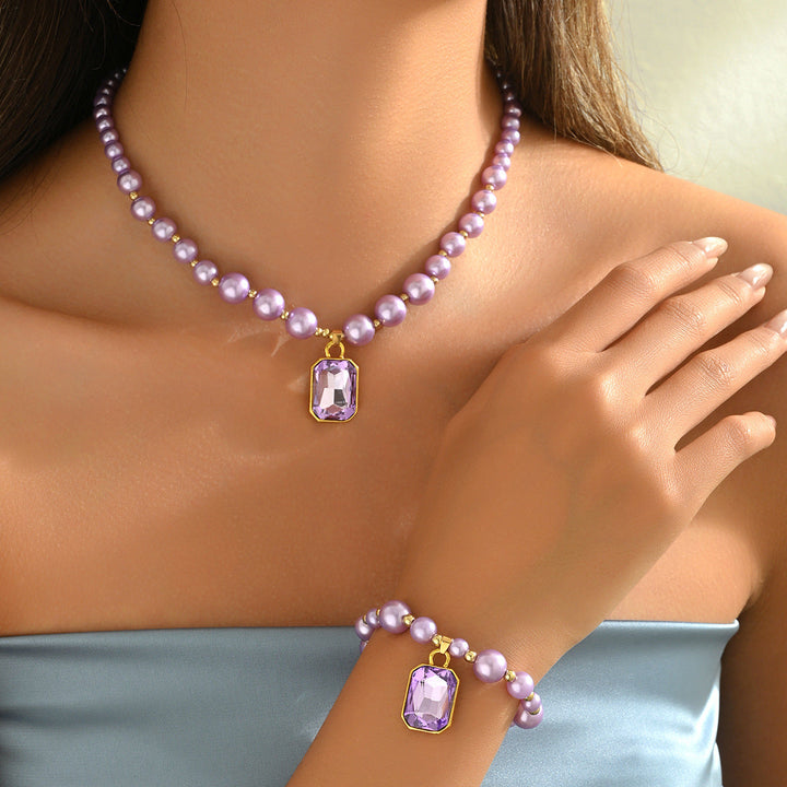 Fashion OL European Style Women Jewelry Set, Niche Rhinestone Inlaid Pendant Pearl Necklace & Matching Bracelet Clavicle Accessories