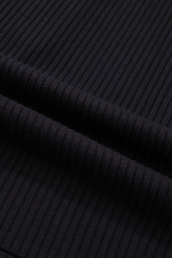 Black Ribbed Knit Contrast Denim Patchwork Hooded Long Sleeve Top