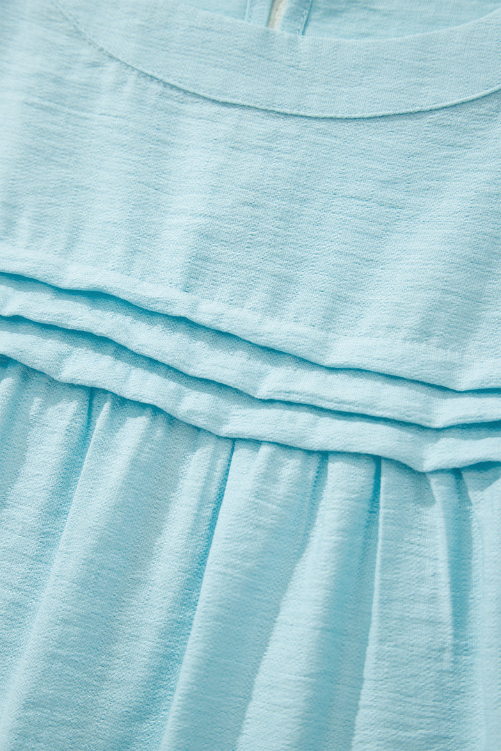 Mist Blue Tie Half Sleeve Pleated Detail Babydoll Blouse