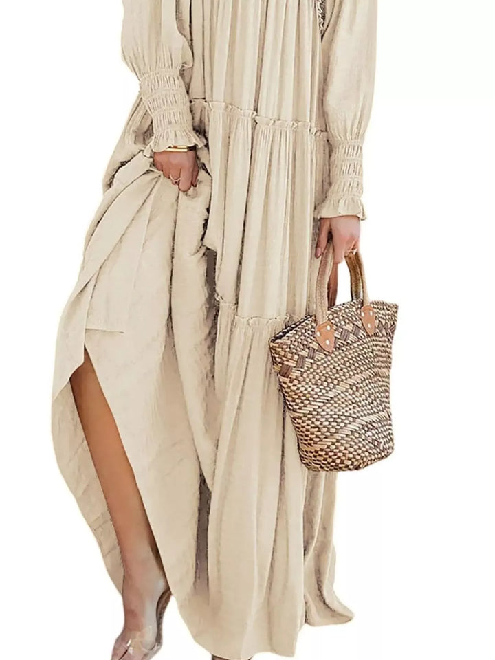 V-Neck Long Sleeve Tiered Maxi Dress