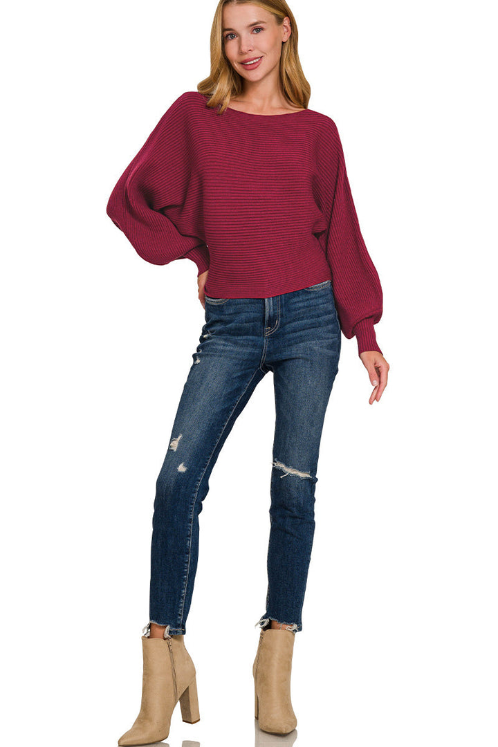 Zenana Boat Neck Balloon Sleeve Sweater