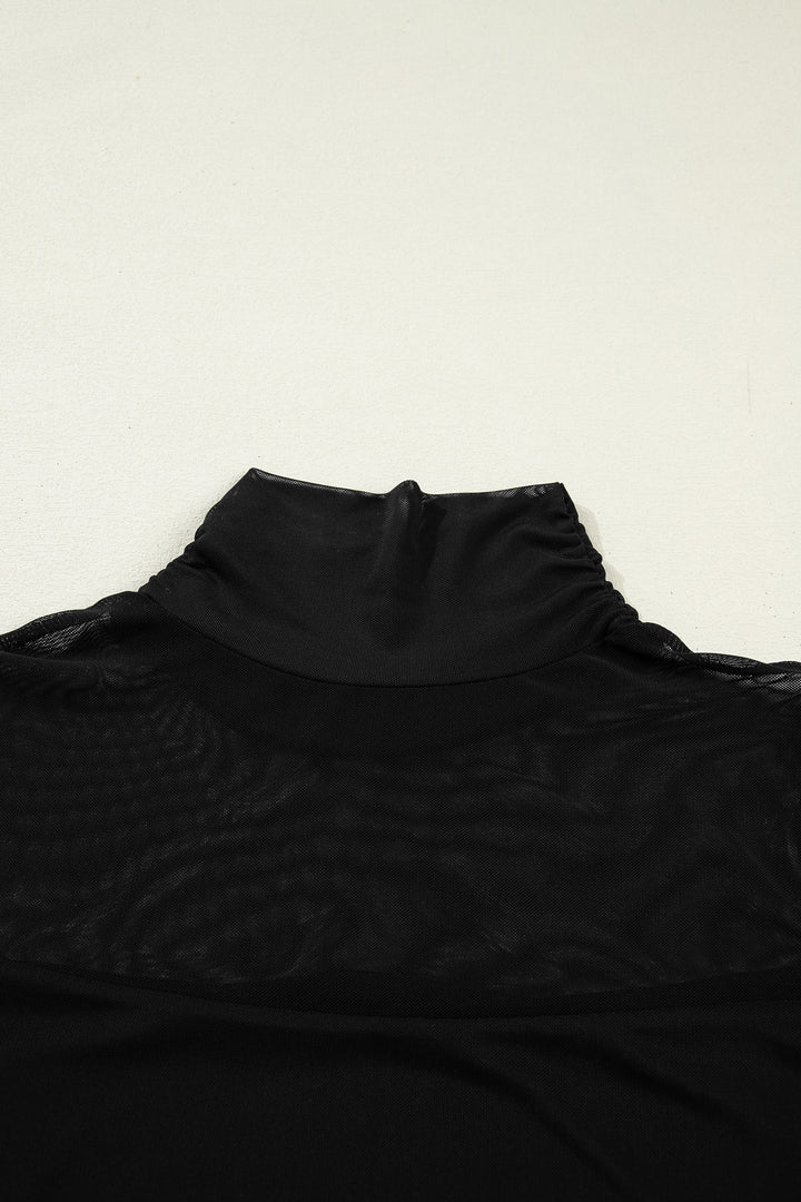 Black Sheer Mesh Patchwork High Neck Long Sleeve Top