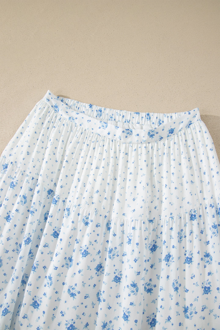 Sky Blue High Waist Tiny Floral Print Boho Maxi Skirt