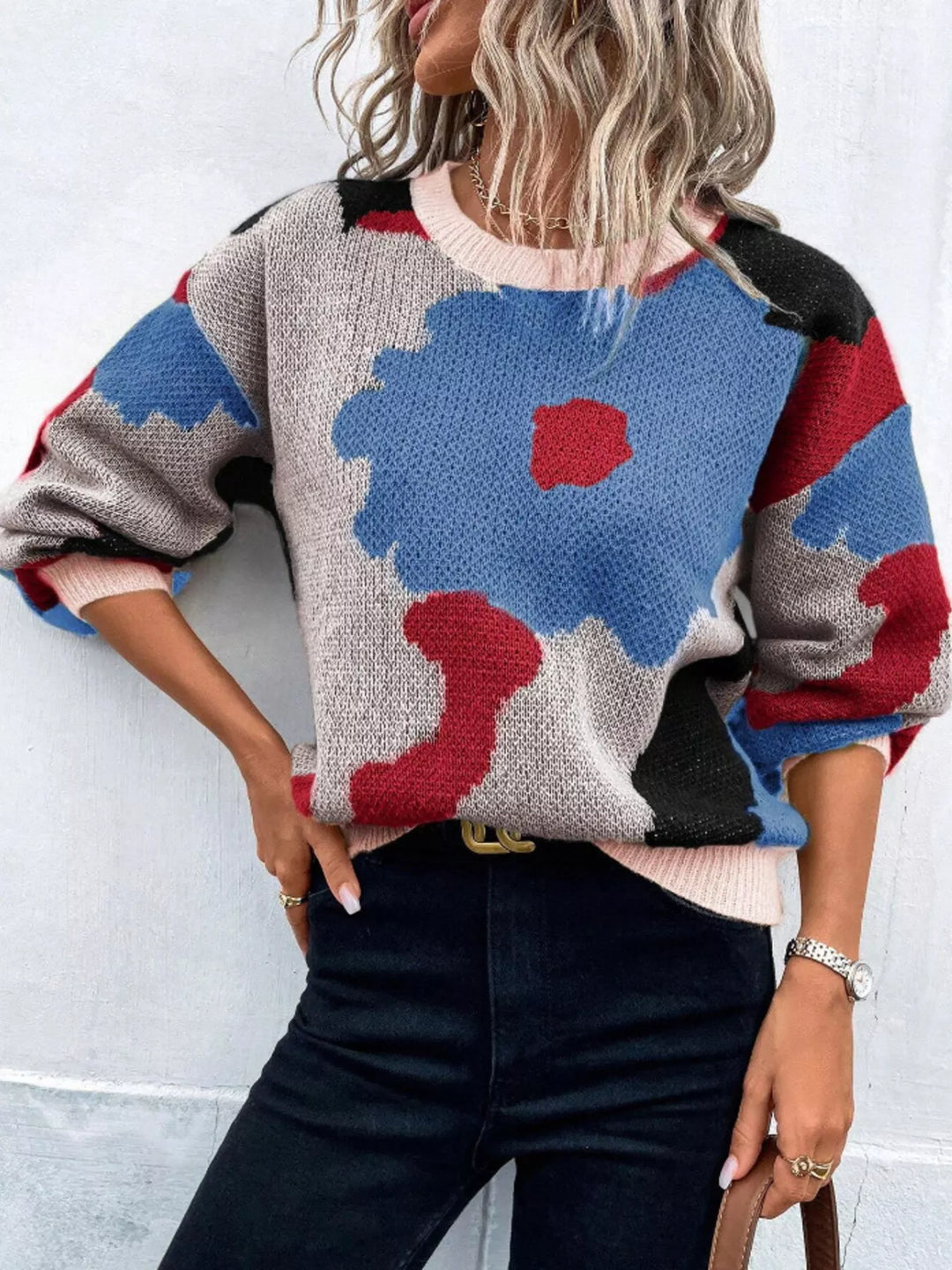 Floral Pattern Round Neck Sweater