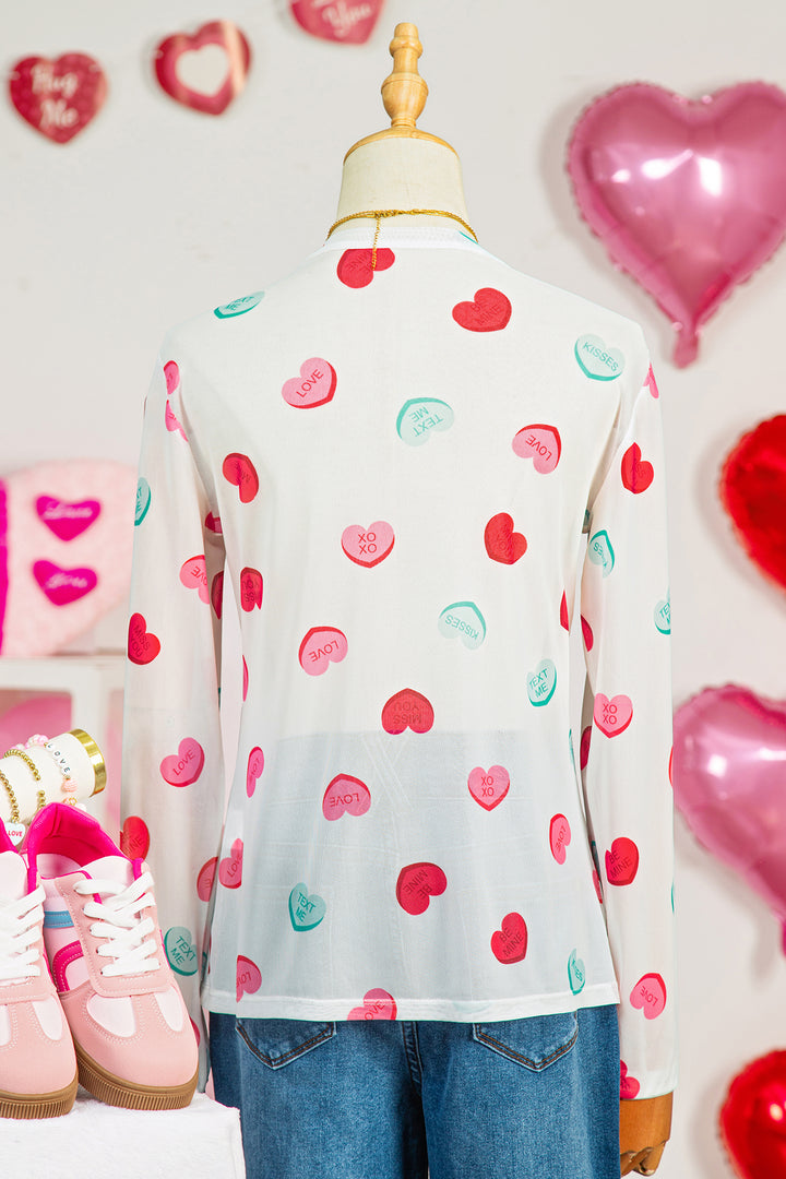 White Sheer Mesh Valentines Slogan Heart Printed Long Sleeve Top