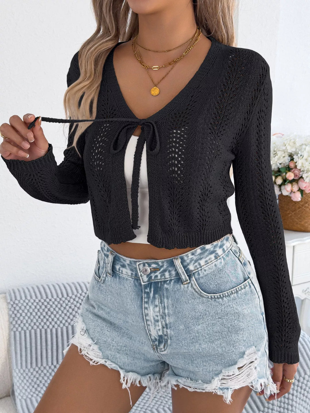 Crochet Knit Tie Front Cropped Cardigan