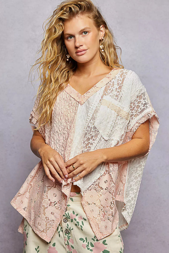 POL Asymmetrical V-Neck Short Sleeve Lace Top